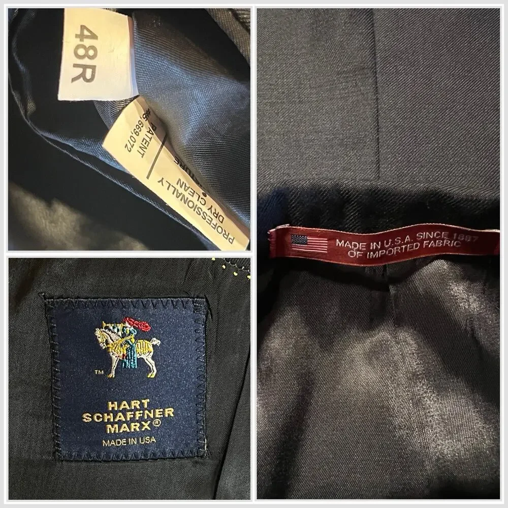 Hart Schaffner Marx 48R 42x30 Solid Black Classic Traditional Fit 2 Piece Suit